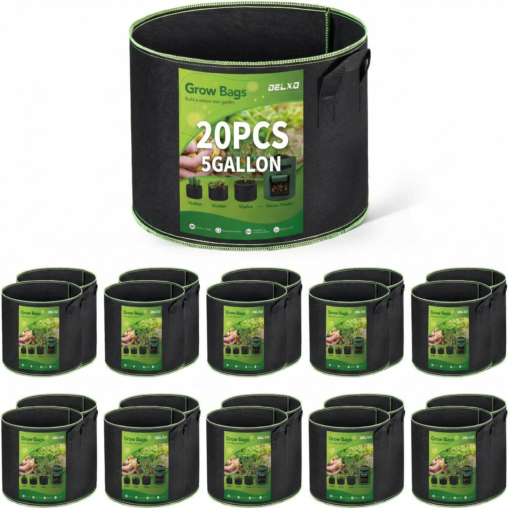 Delxo 20-pack grow bags with handles for easy transport and planting versatility.