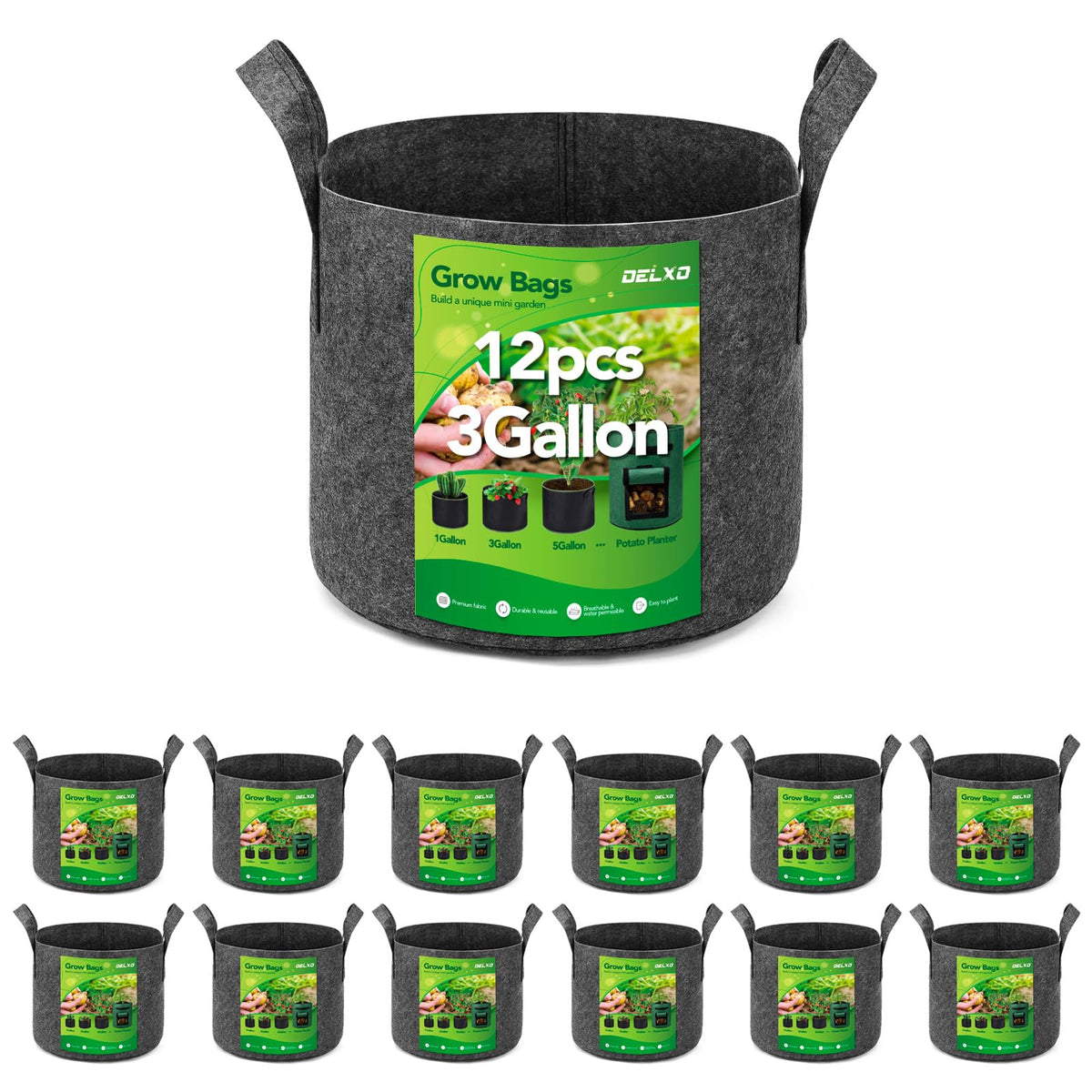 Delxo 3-gallon grow bag in grey, ideal for container gardening and portability.