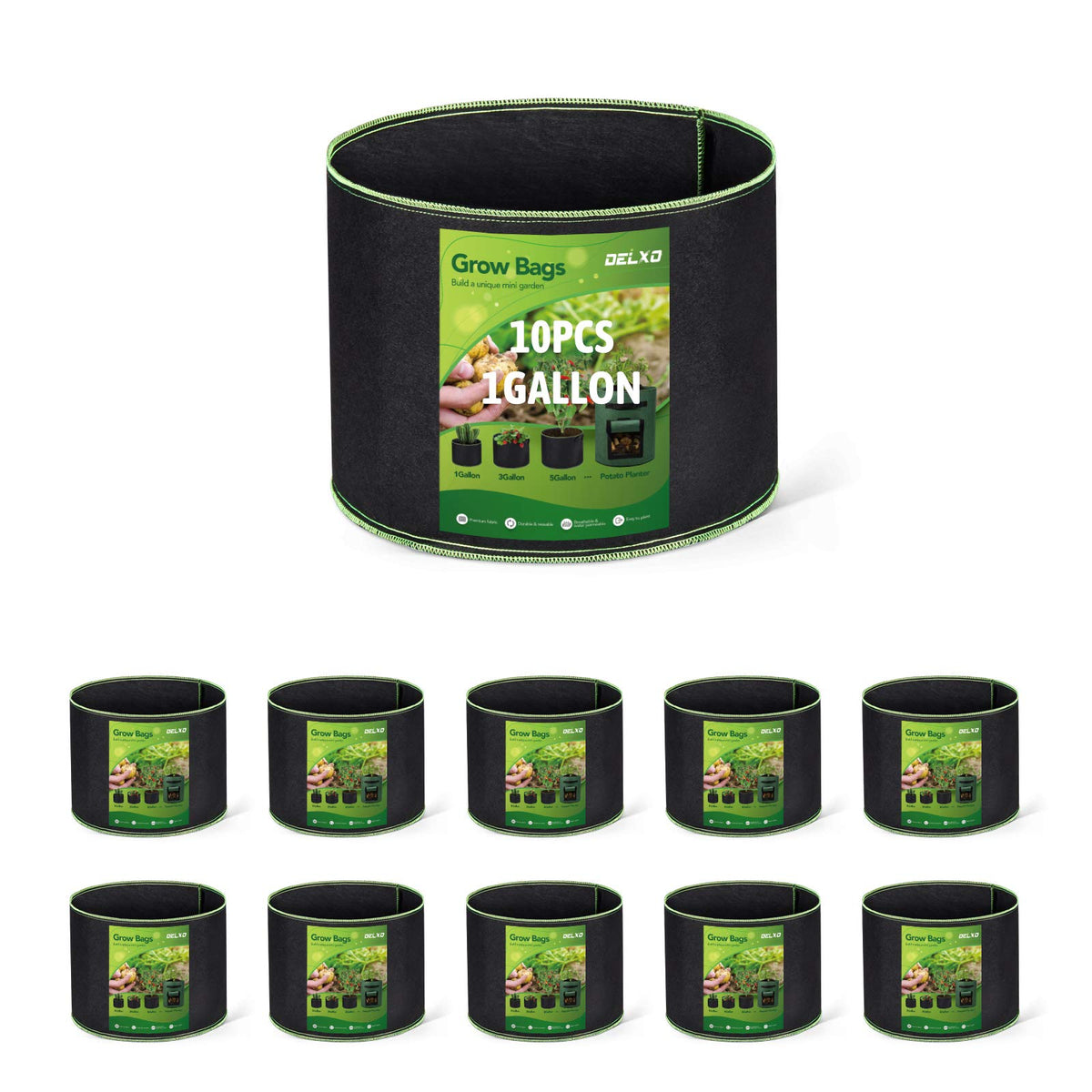 Delxo Garden Grow Bags 1 Gal Pack of 10 for portable, durable planting.