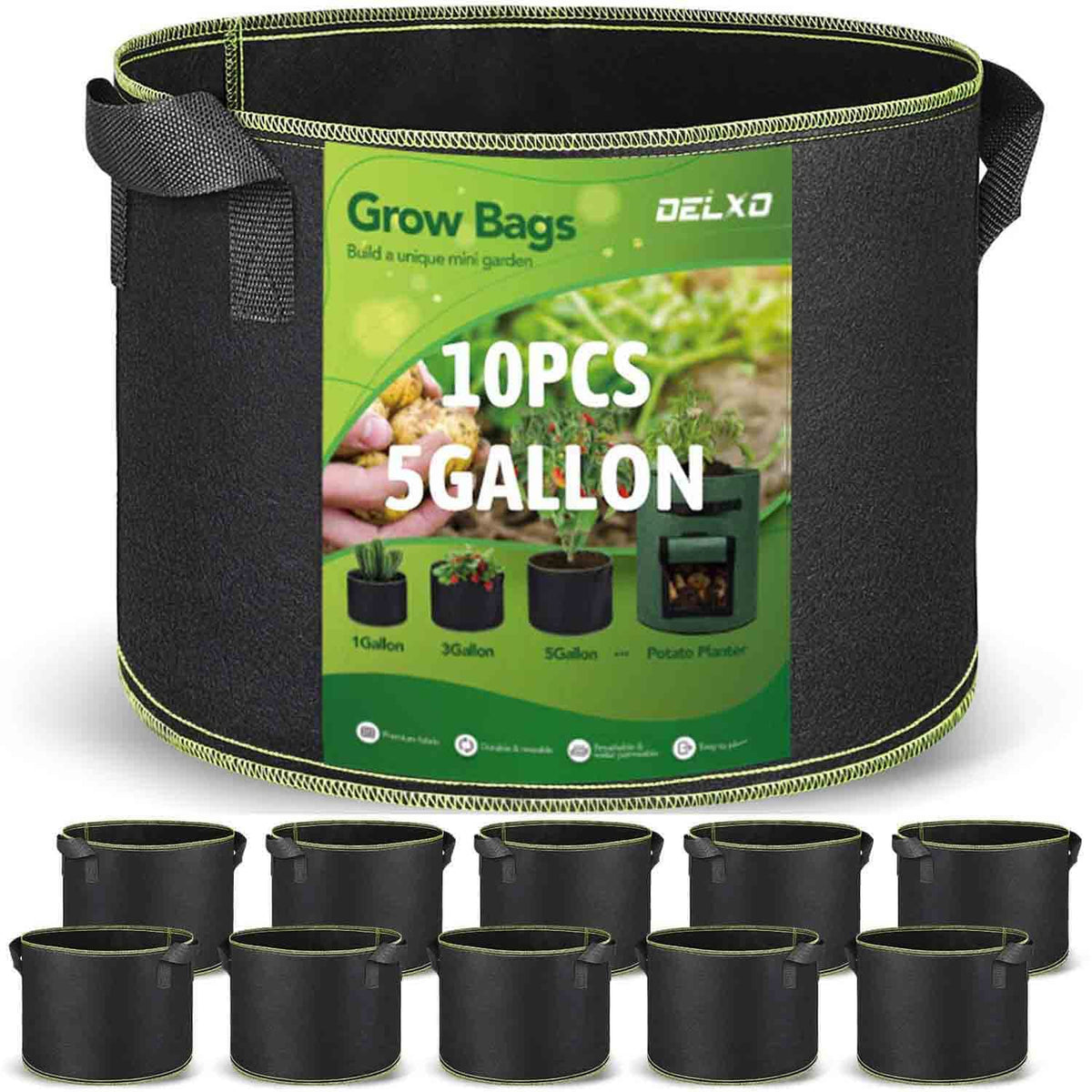 Delxo 5-gallon grow bag front view with durable fabric and handles