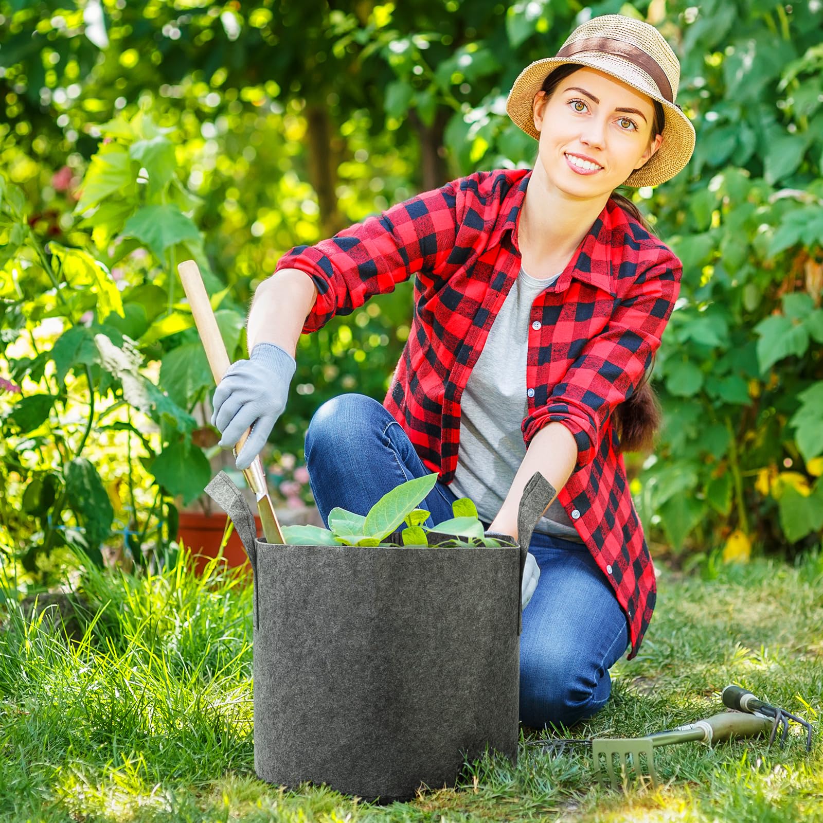 Delxo gray fabric grow bags stacked neatly to save space and be reusable.