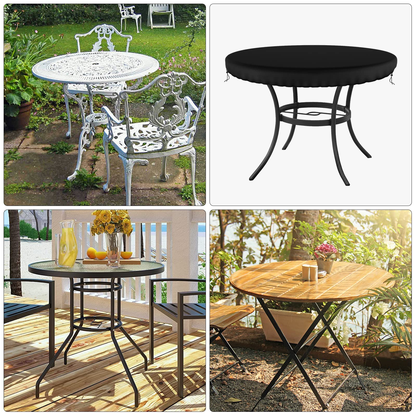 Demao black round table cover fits a 48.8-inch table for outdoor use.