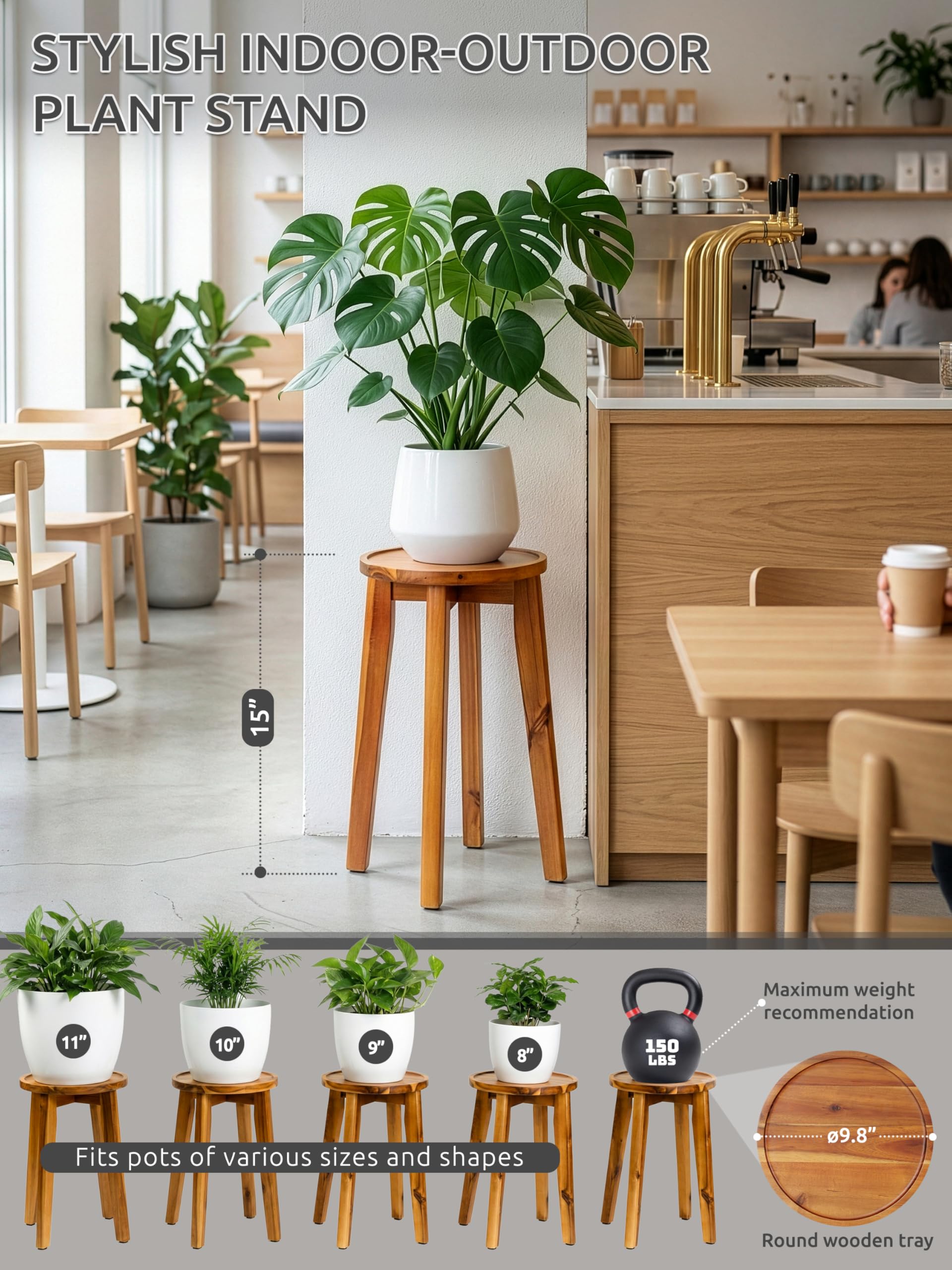 Demigo acacia wood plant stand with water tray protects surfaces from spills