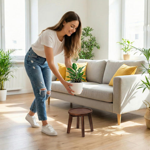 Demigo corner display creates a cozy indoor plant nook.