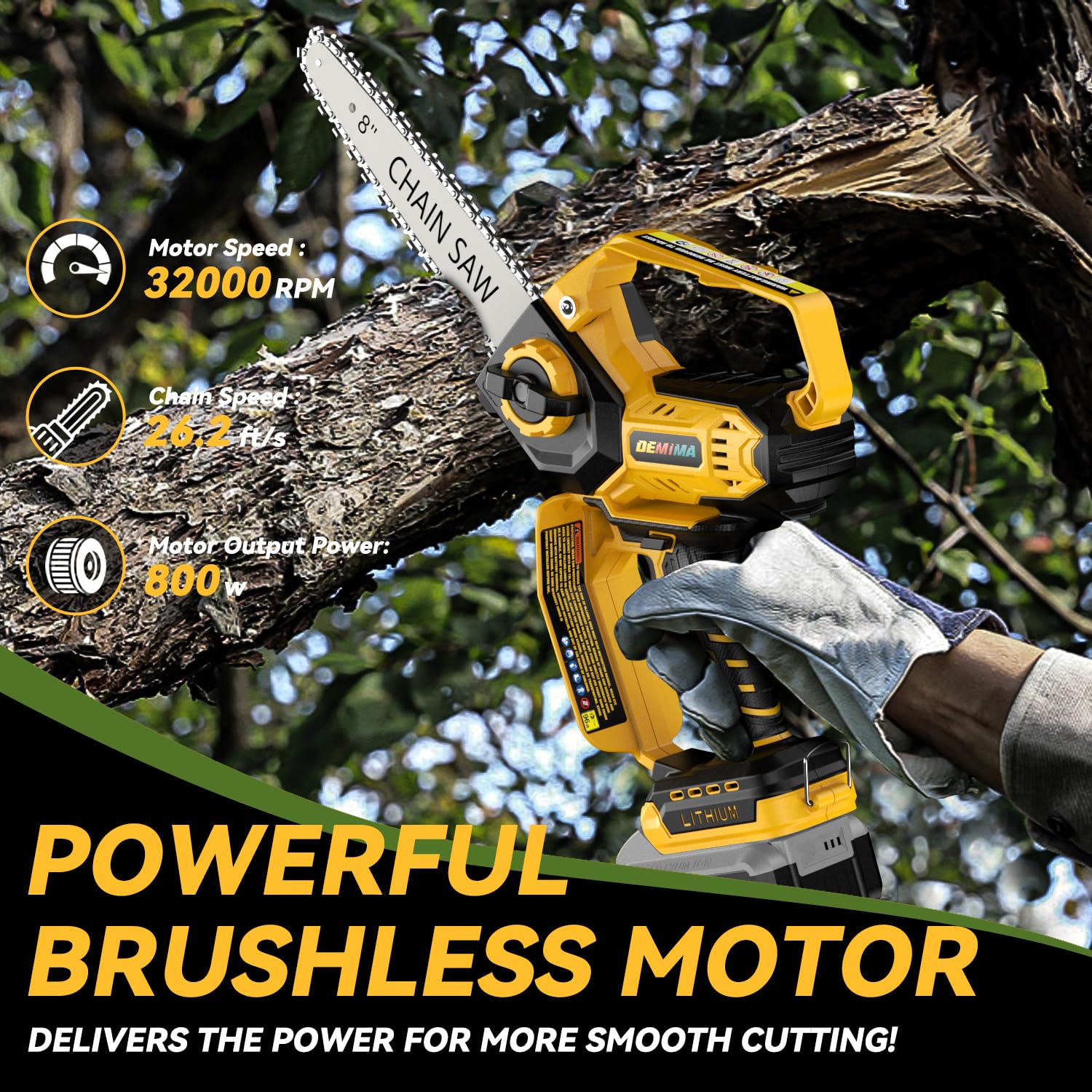 DEMIMA 800W brushless motor delivers steady power for quick trimming tasks