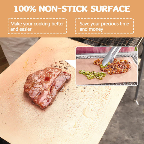 Demiwise copper grill mats close-up highlighting non-stick surface and release.