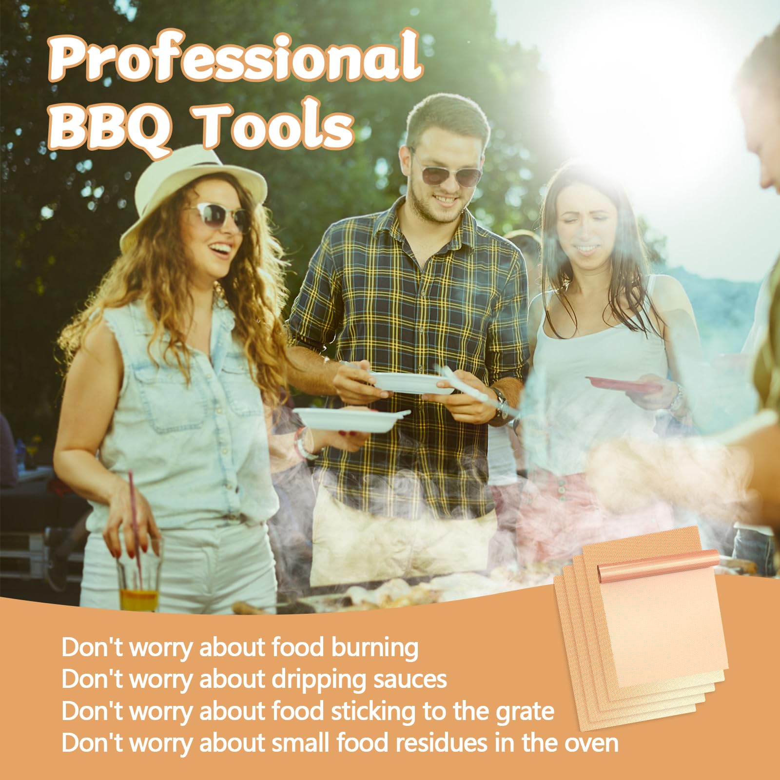 Demiwise copper grill mats on gas grill showing non-stick surface for mess-free cooking.