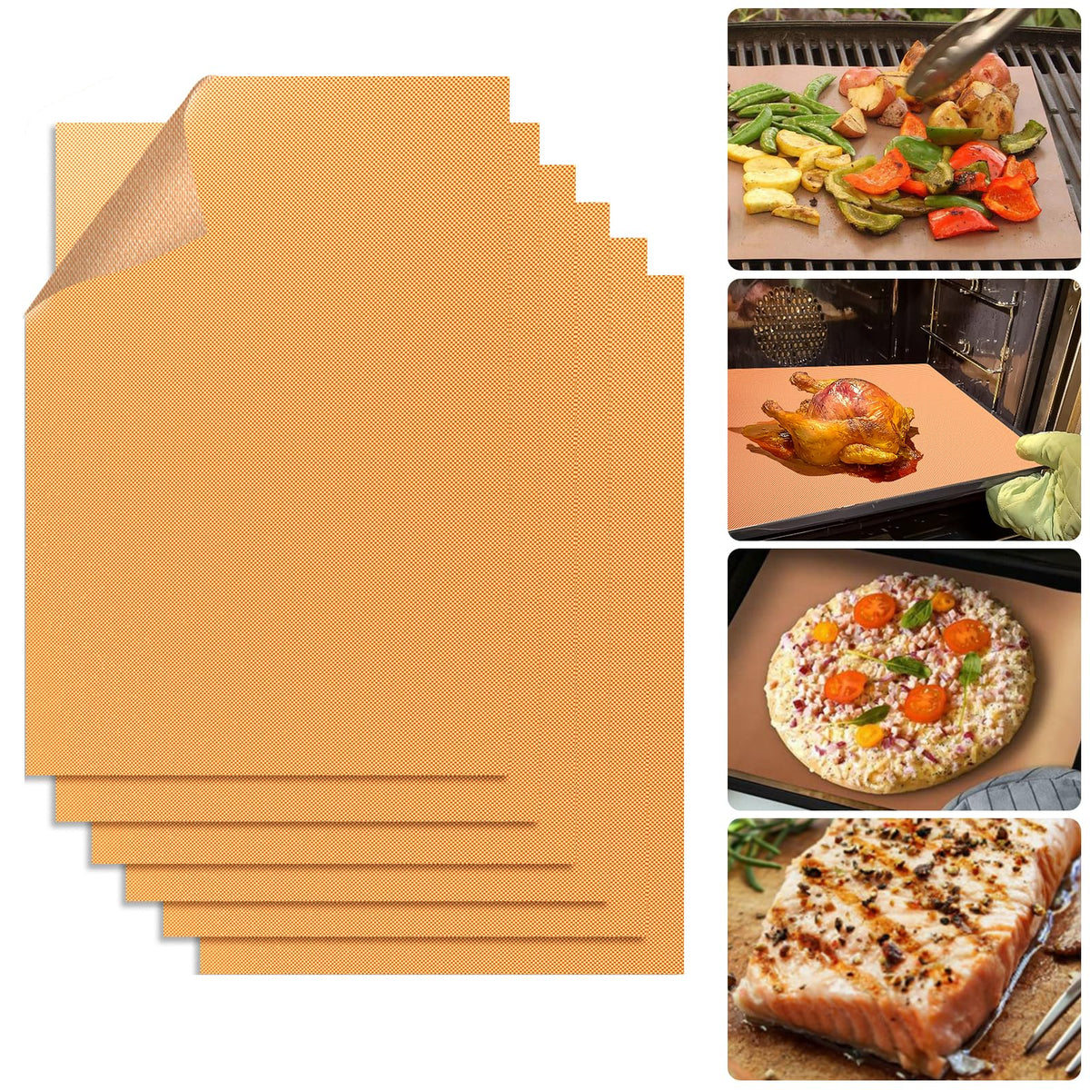 Demiwise copper grill mats set of 6 on a grill for easy cleanup and reuse.