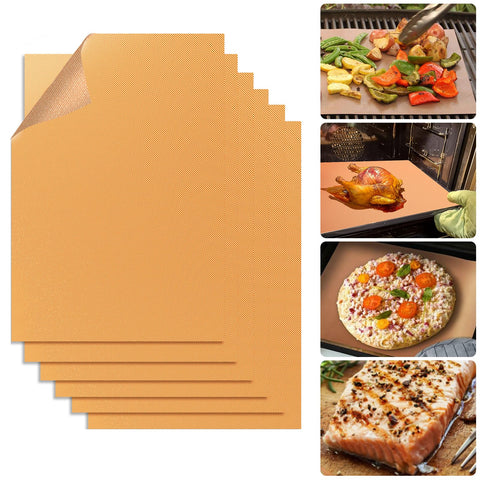 Demiwise copper grill mats set of 6 on a grill for easy cleanup and reuse.