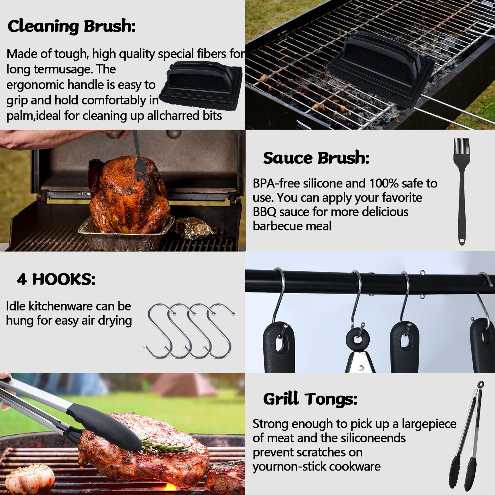 Demiwise tongs and cleaning brush keep tools organized and ready.