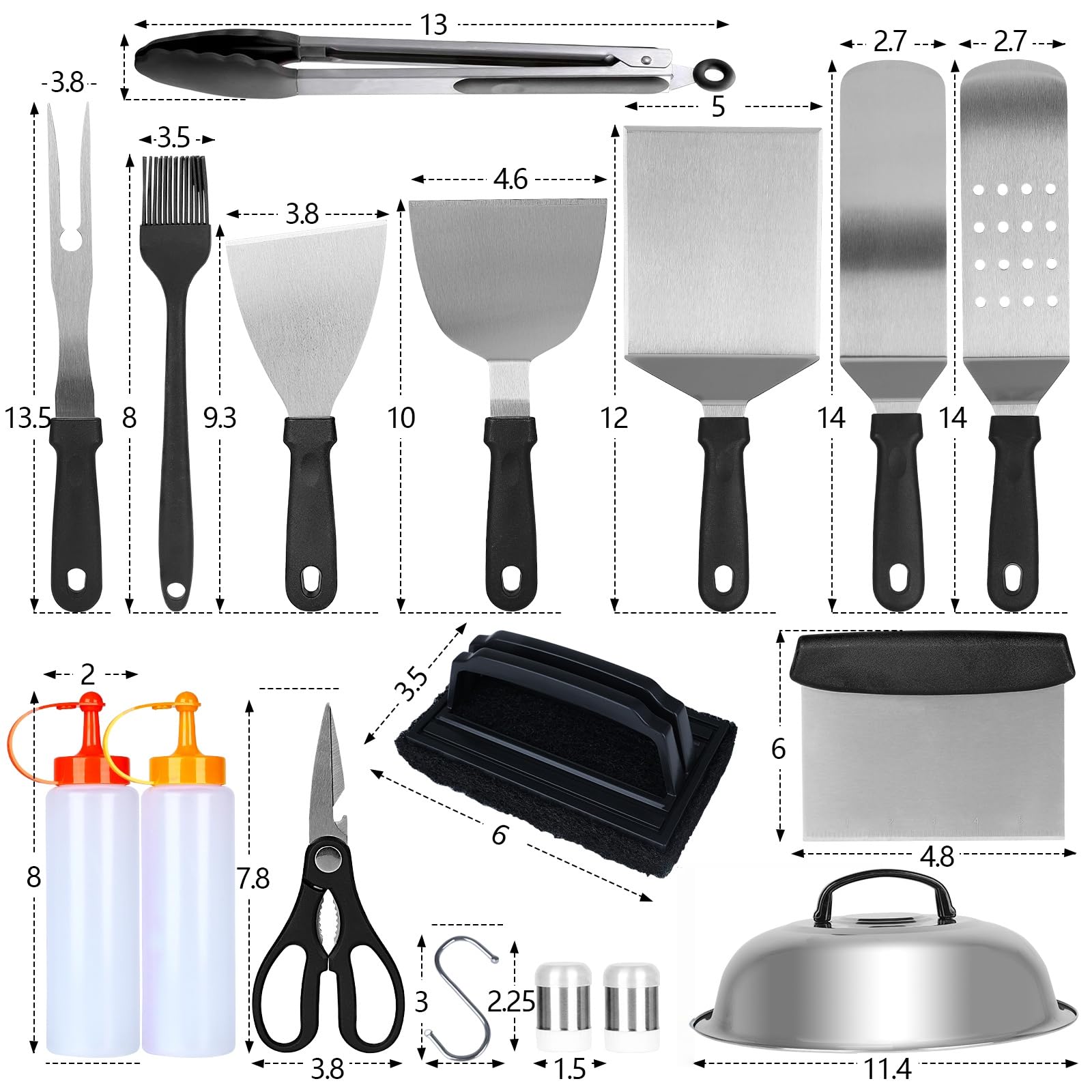 Demiwise trombone slotted spatula drains fat while turning delicate items on a flat top.
