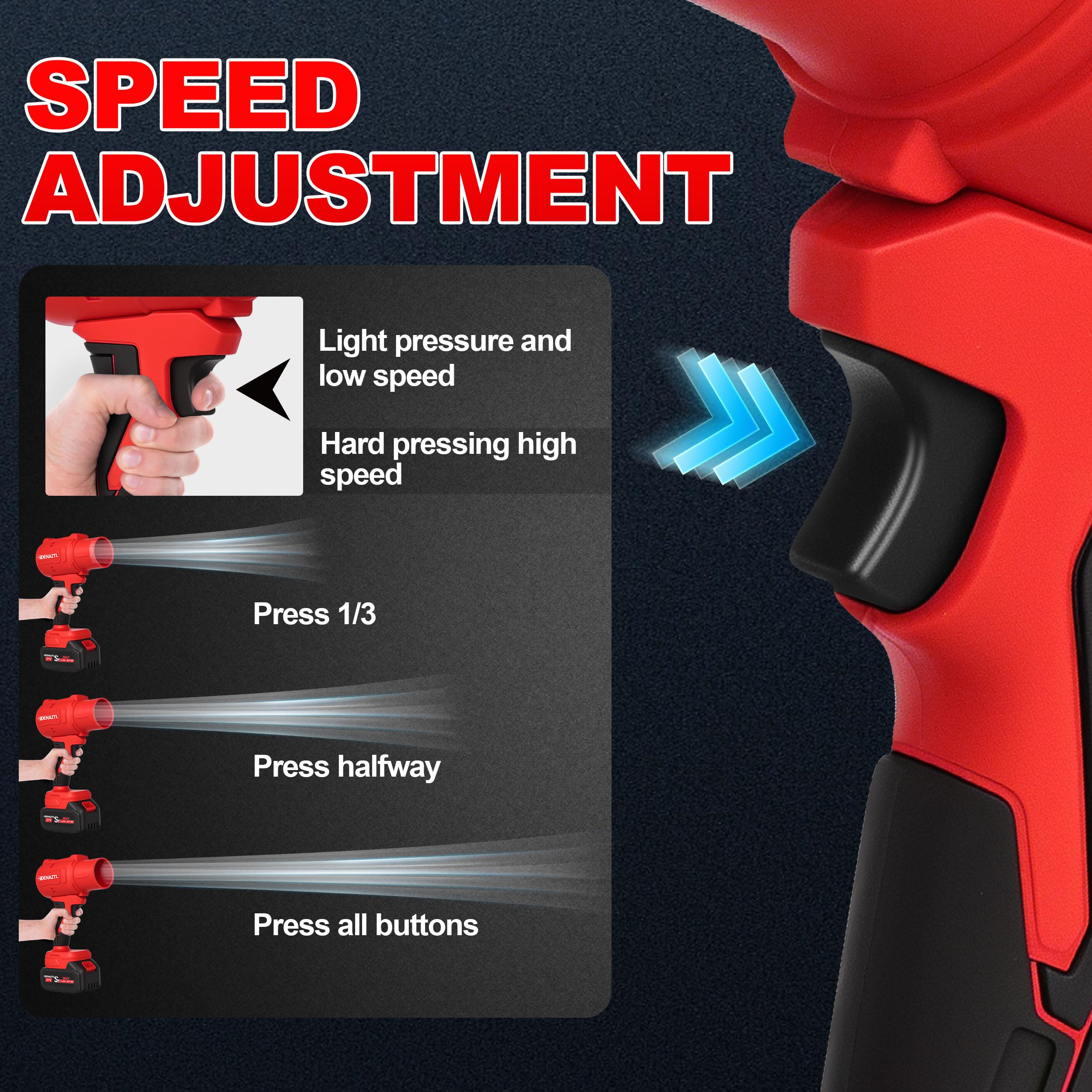 Denaztl blower with extended nozzle for tight corners and gutters