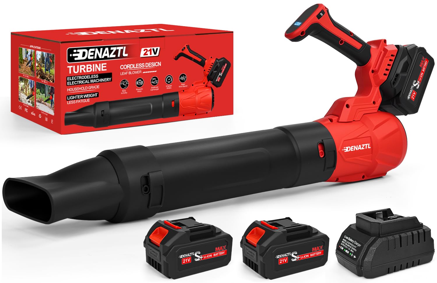 Denaztl leaf blower bundle with two batteries and charger for cordless cleaning.