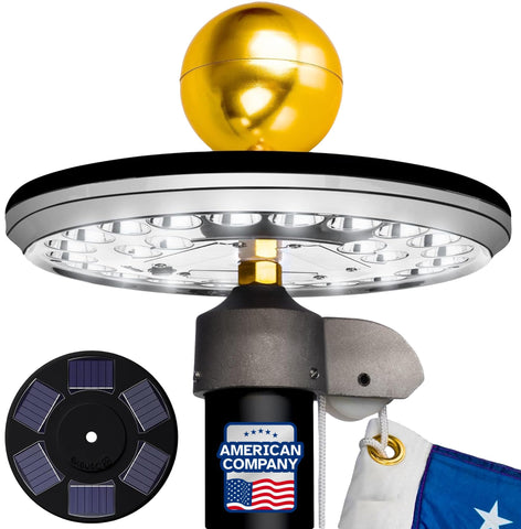 Deneve Deluxe solar flagpole lamp closeup highlighting 26 LEDs for bright night visibility.