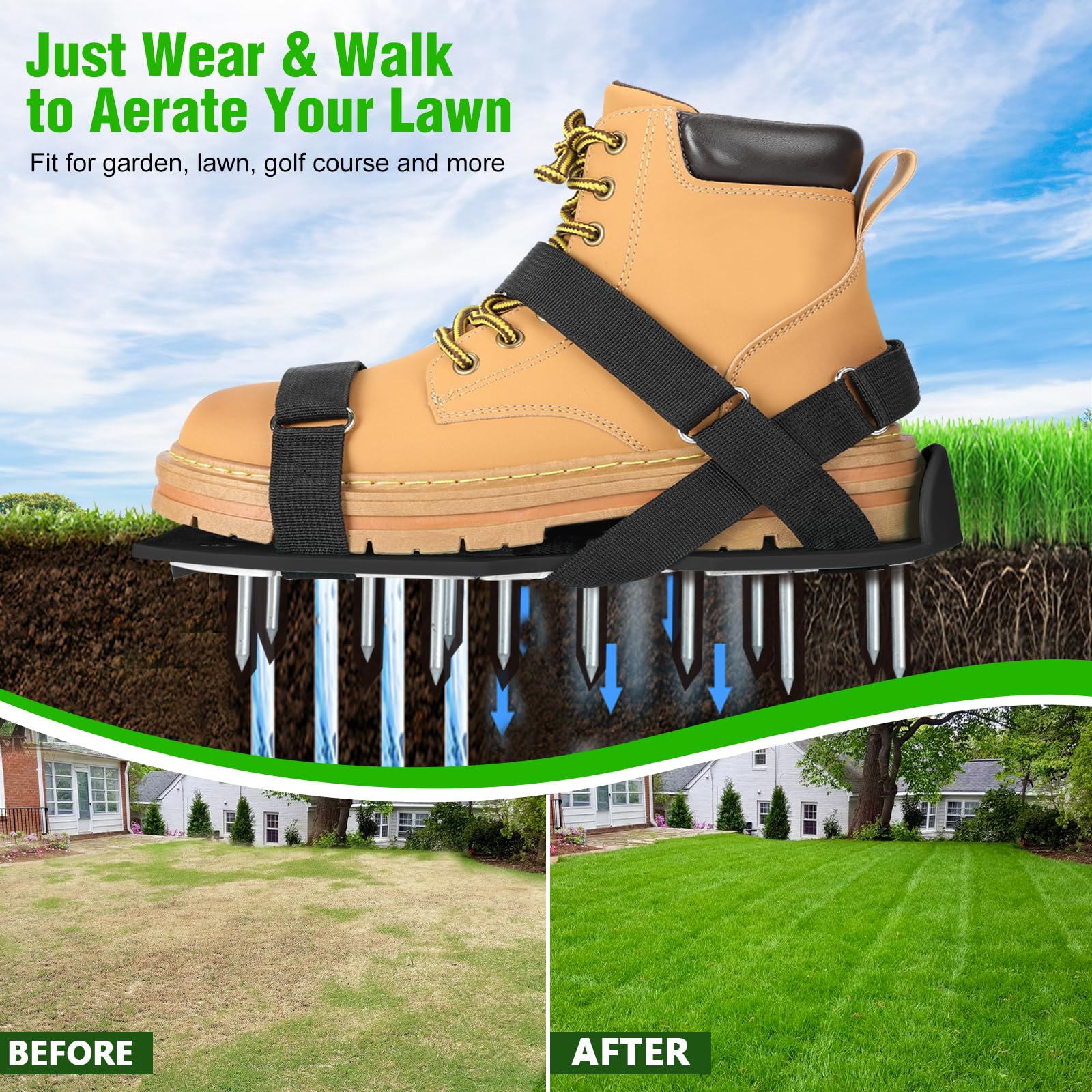 DenForste lawn aerator shoes in a garden setting for versatile use