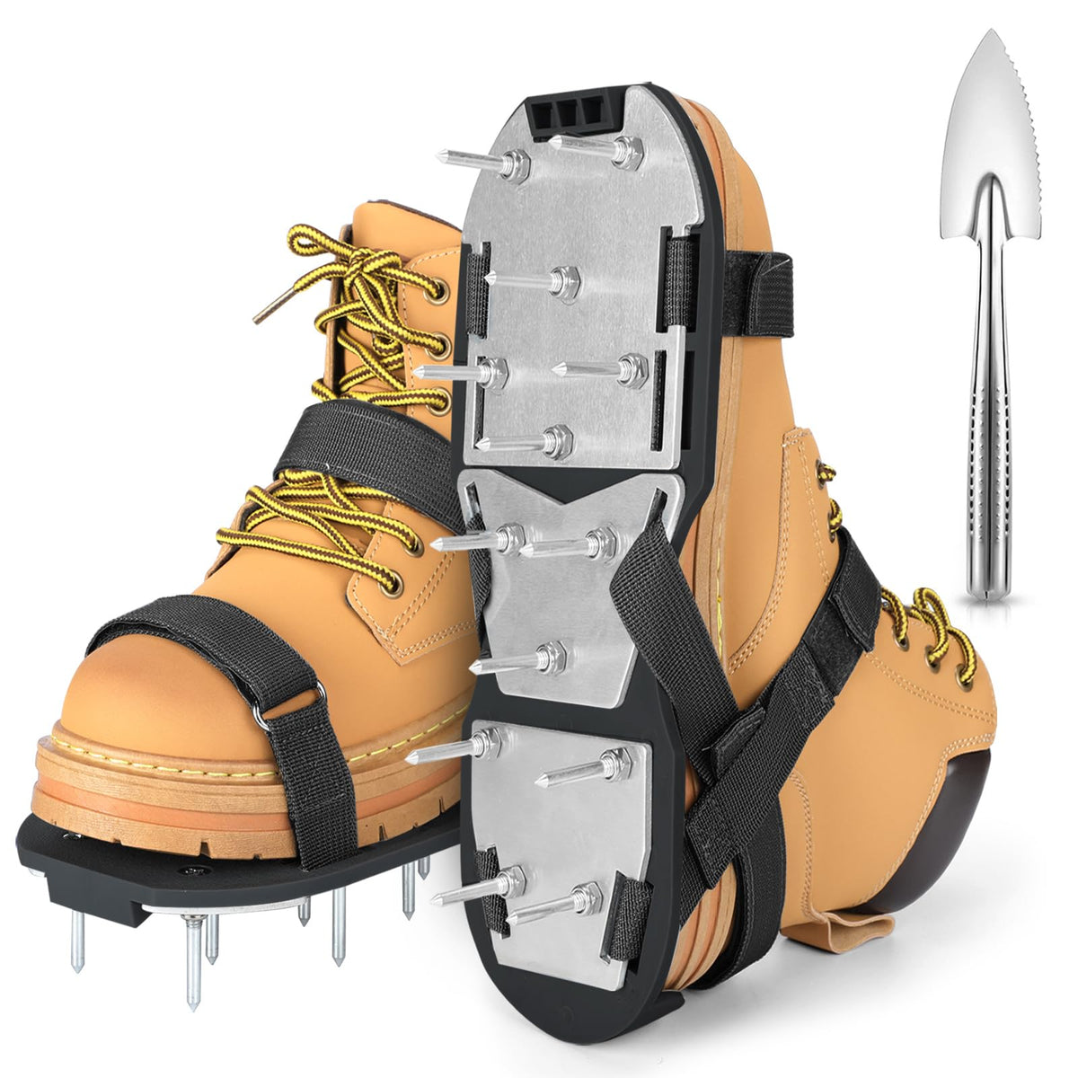 DenForste lawn aerator shoes side view highlights durable construction for heavy garden use.