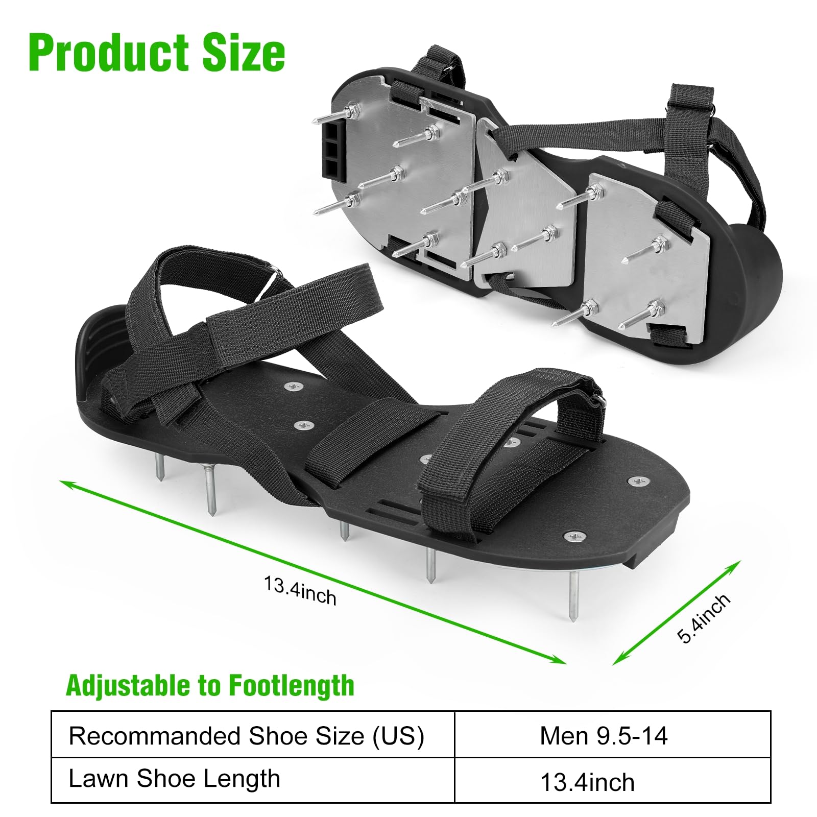 DenForste lawn aerator shoes top view shows secure fit with adjustable straps.