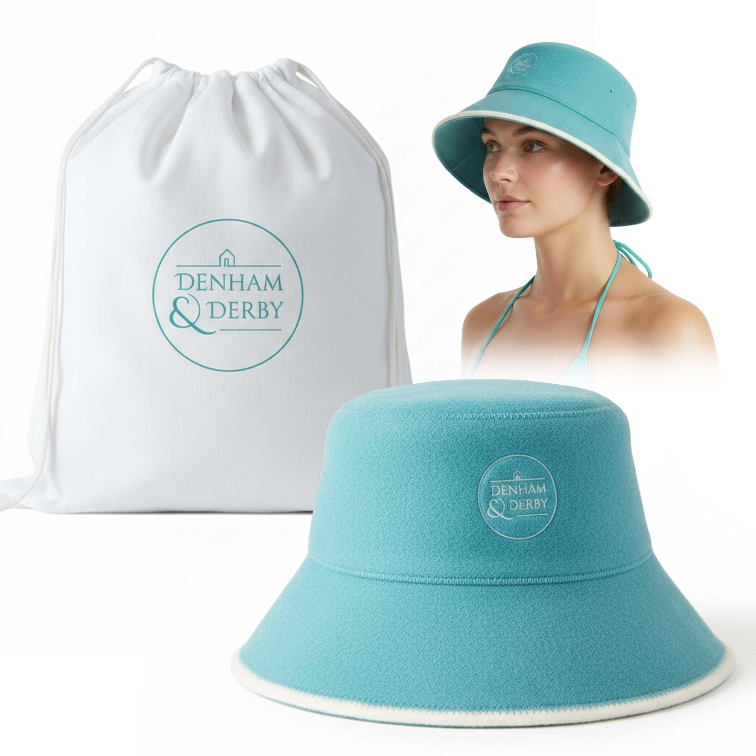 DENHAM & DERBY sauna hat blue on model for comfortable heat protection