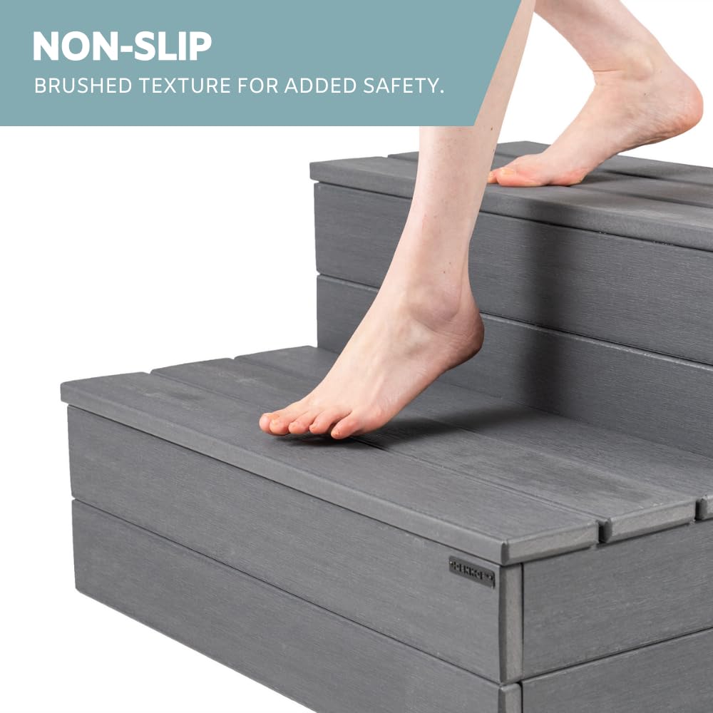 DENKOE Hot Tub Steps 600lb capacity demonstrates sturdy outdoor support.