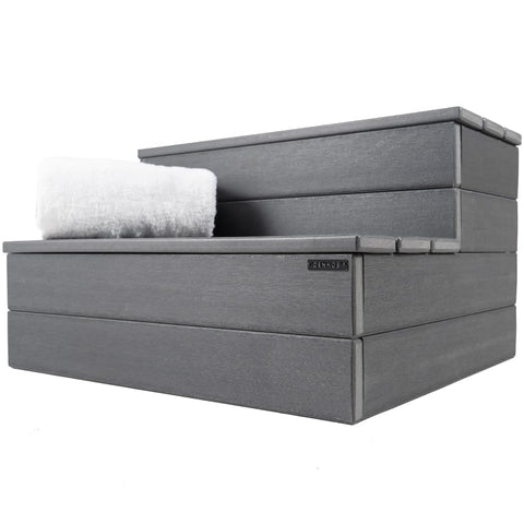 DENKOE Hot Tub Steps front view with wood-look finish for durable outdoor use.