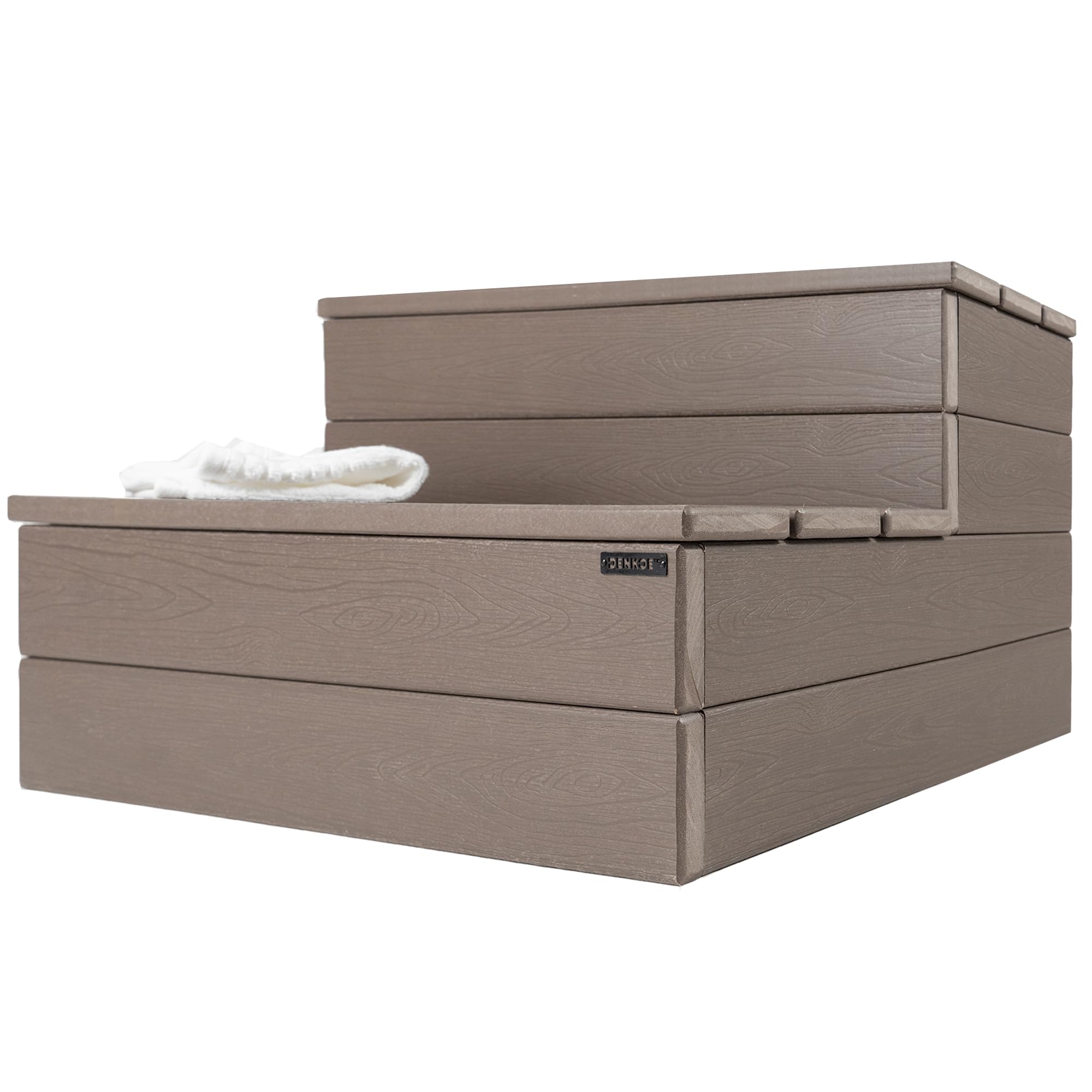 DENKOE hot tub steps with wood-look surface for easy tub access and stylish outdoor décor