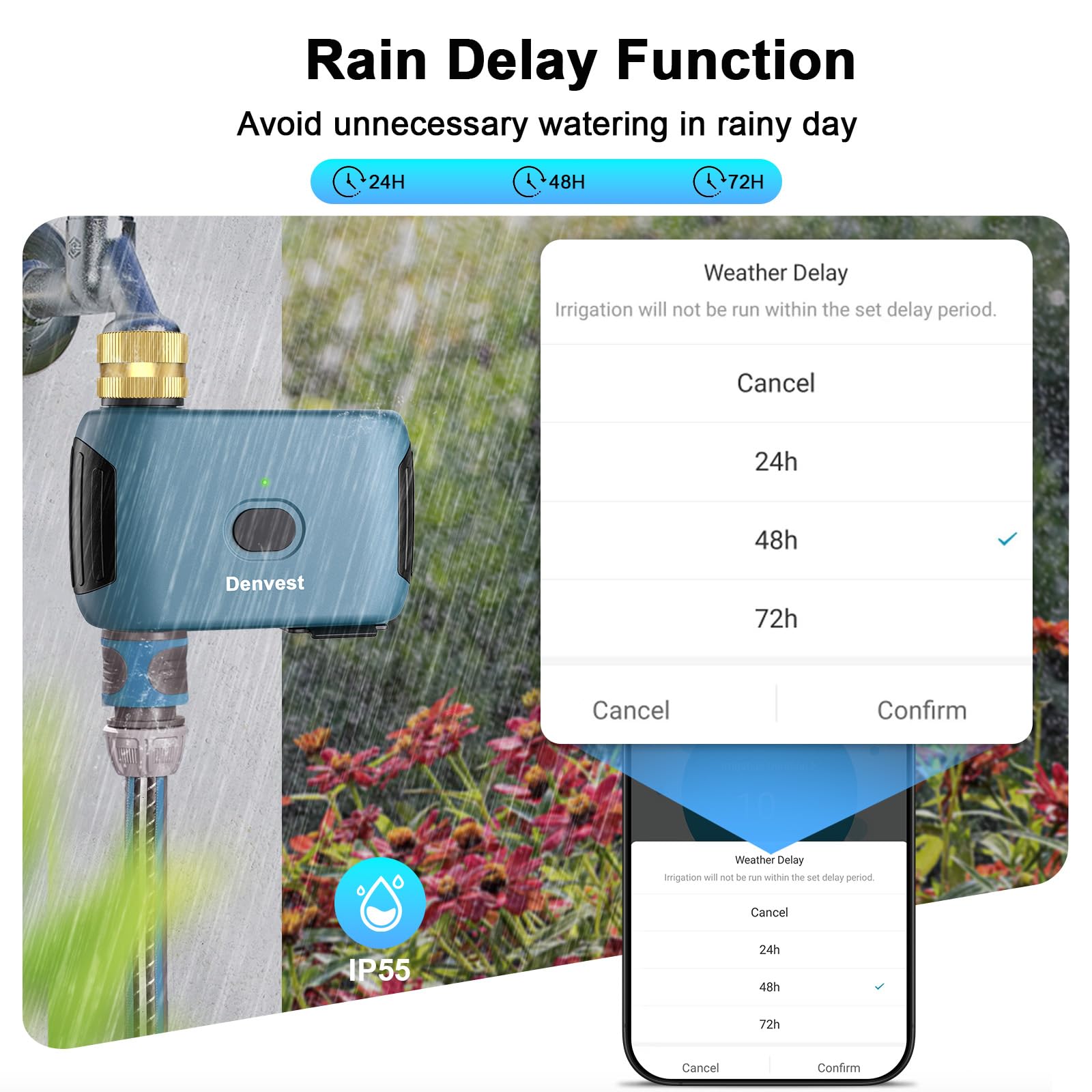 Weather delay feature pauses schedules for outdoor irrigation