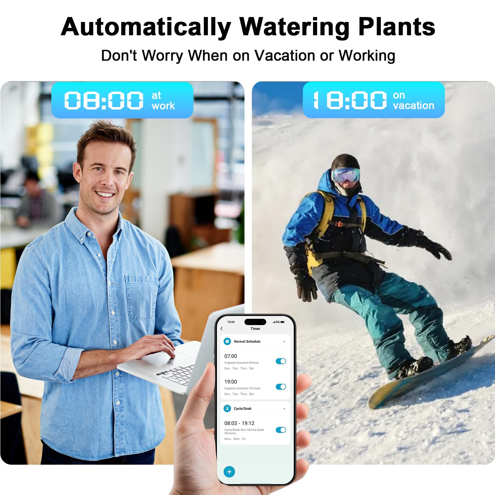 Denvest timer app interface highlights scheduling and monitoring.