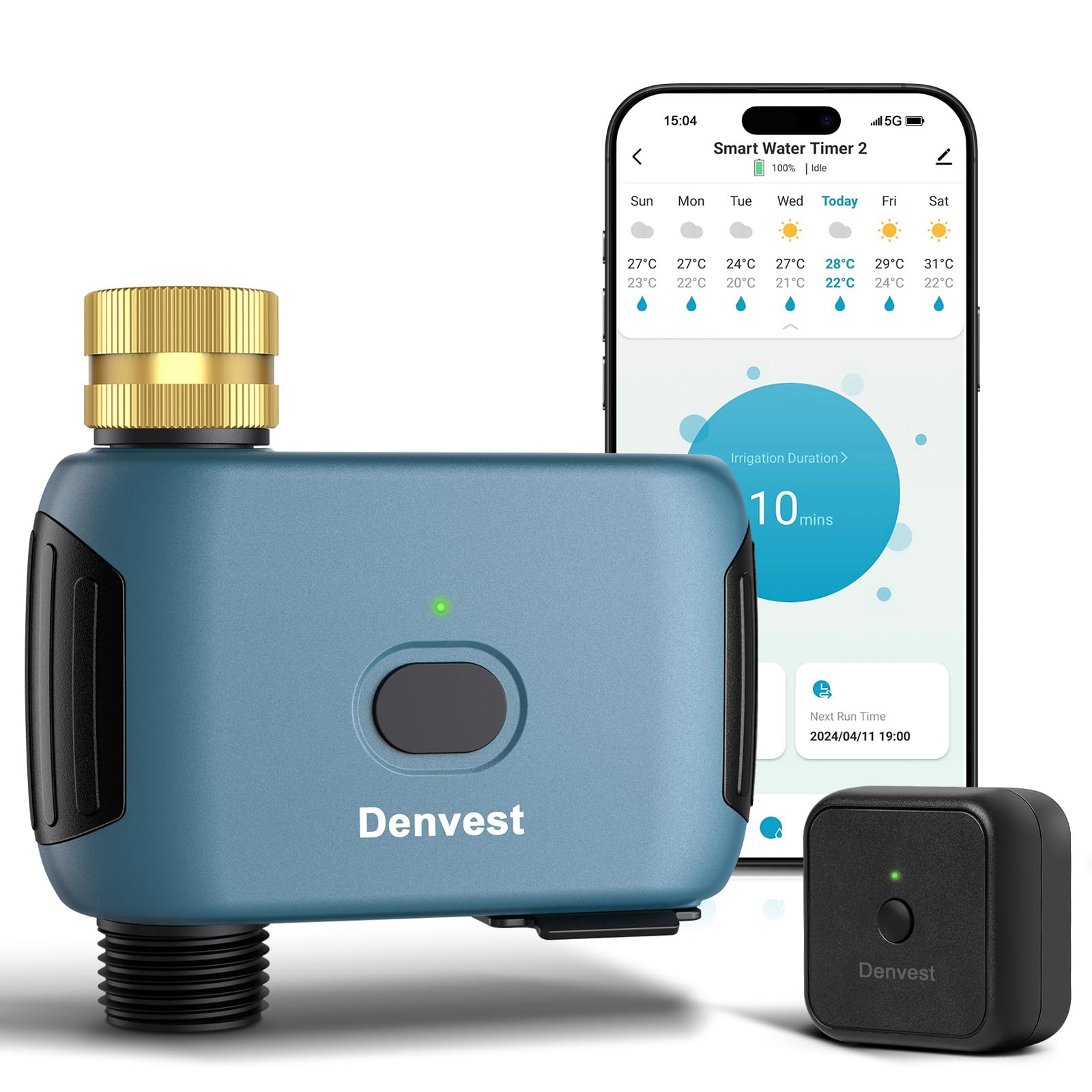 Denvest WiFi water timer with brass inlet front view for reliable garden irrigation