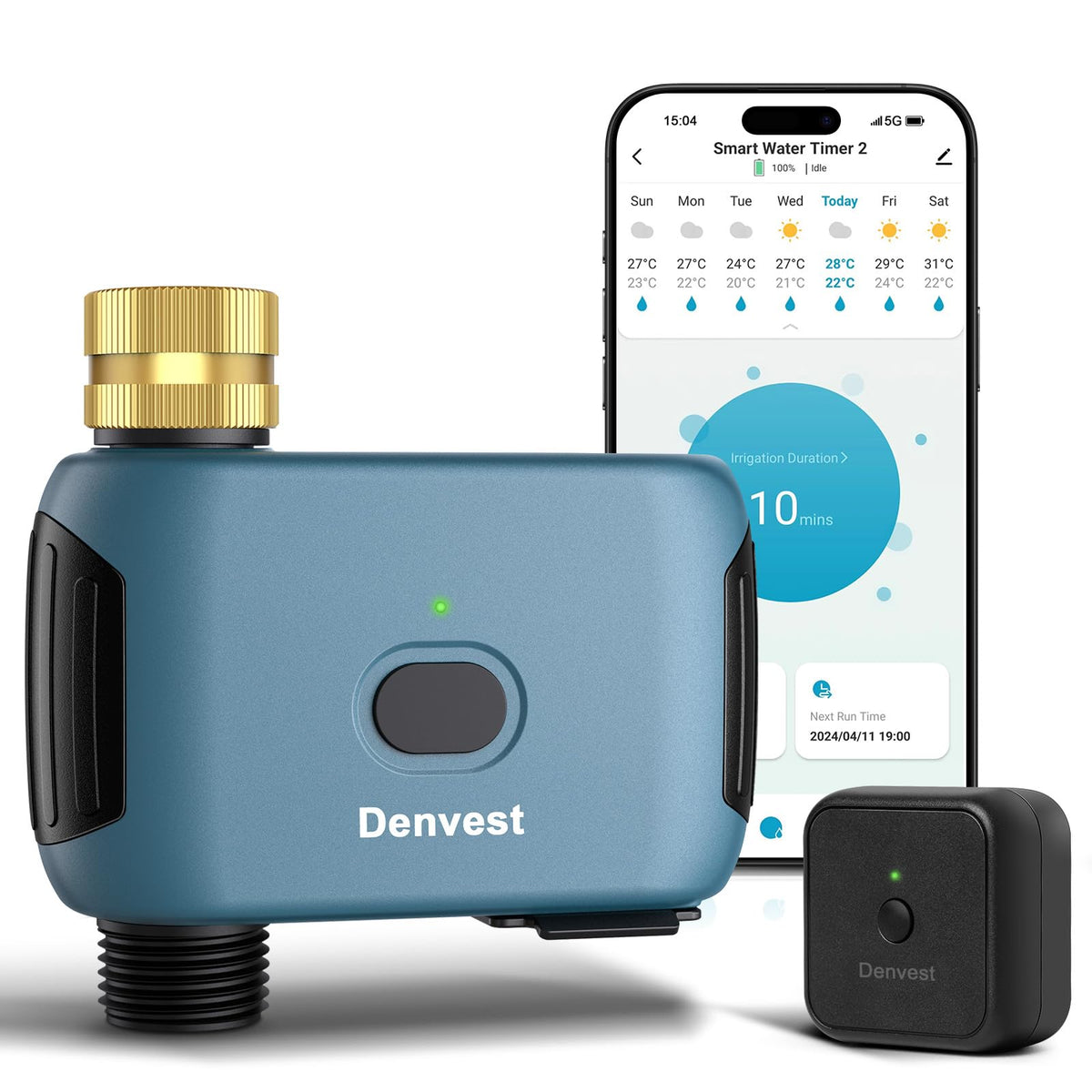 Denvest WiFi water timer with brass inlet front view for reliable garden irrigation