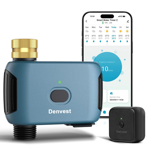 Denvest WiFi water timer with brass inlet front view for reliable garden irrigation