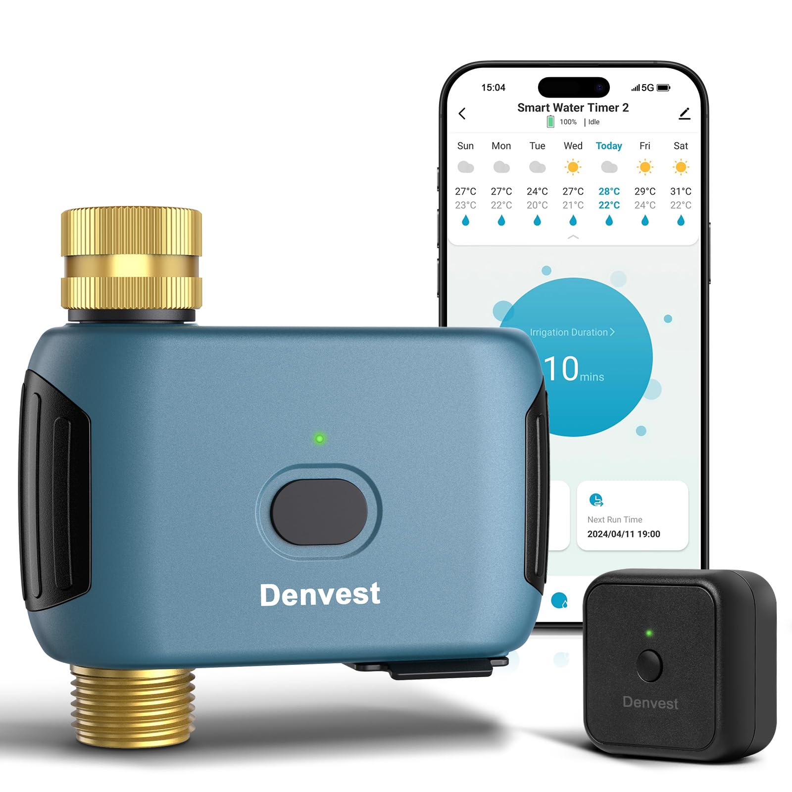 Denvest WiFi timer brass inlet close-up for leak-proof outdoor watering.