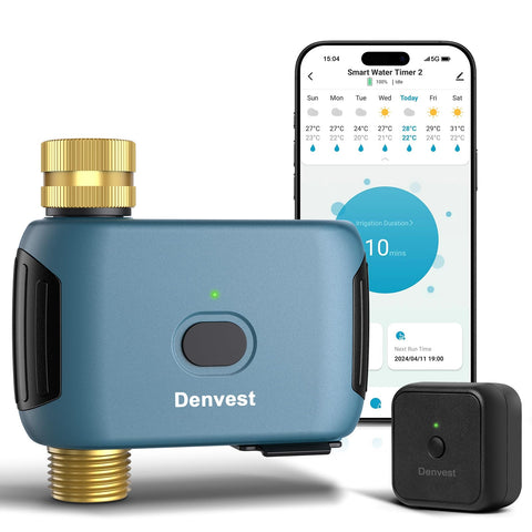 Denvest WiFi timer brass inlet close-up for leak-proof outdoor watering.