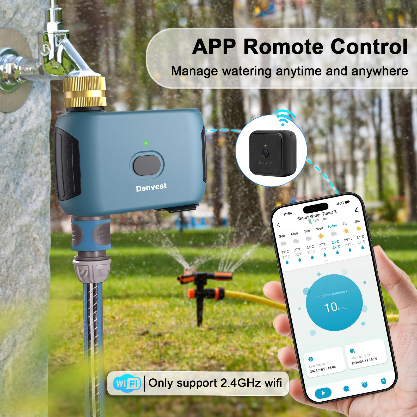 Denvest WiFi timer brass outlet shows durable hose connection.
