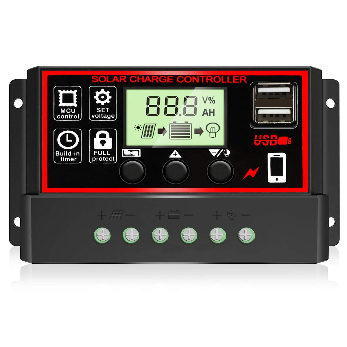 Depvko 30A solar charge controller front view shows compact regulator design for easy installation