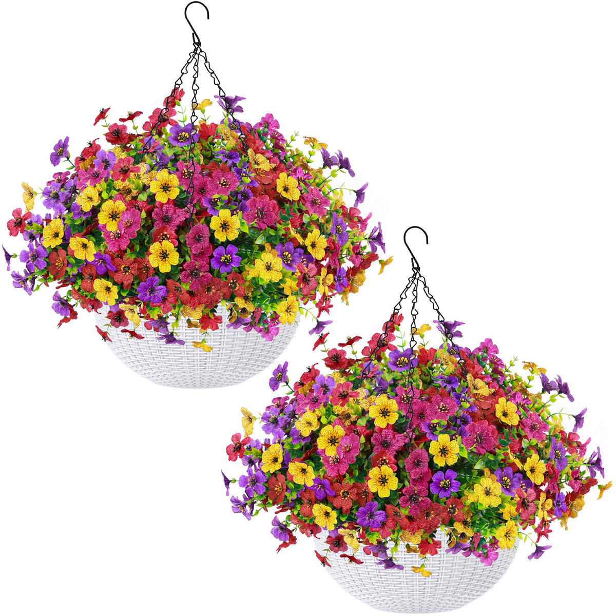 Der Rose artificial hanging flowers in a white basket for outdoor decoration.