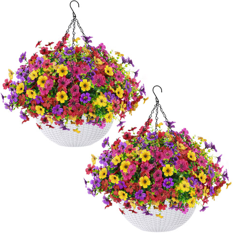 Der Rose artificial hanging flowers in a white basket for outdoor decoration.