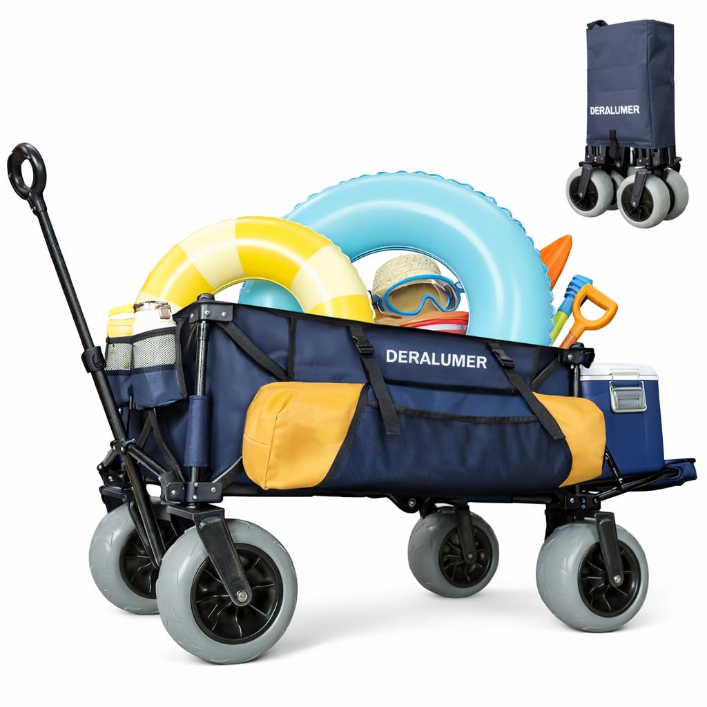 Deralumer X900 beach wagon with 9-inch wheels rolling on sand for smooth hauling
