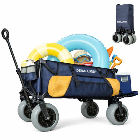 Deralumer X900 beach wagon with 9-inch wheels rolling on sand for smooth hauling