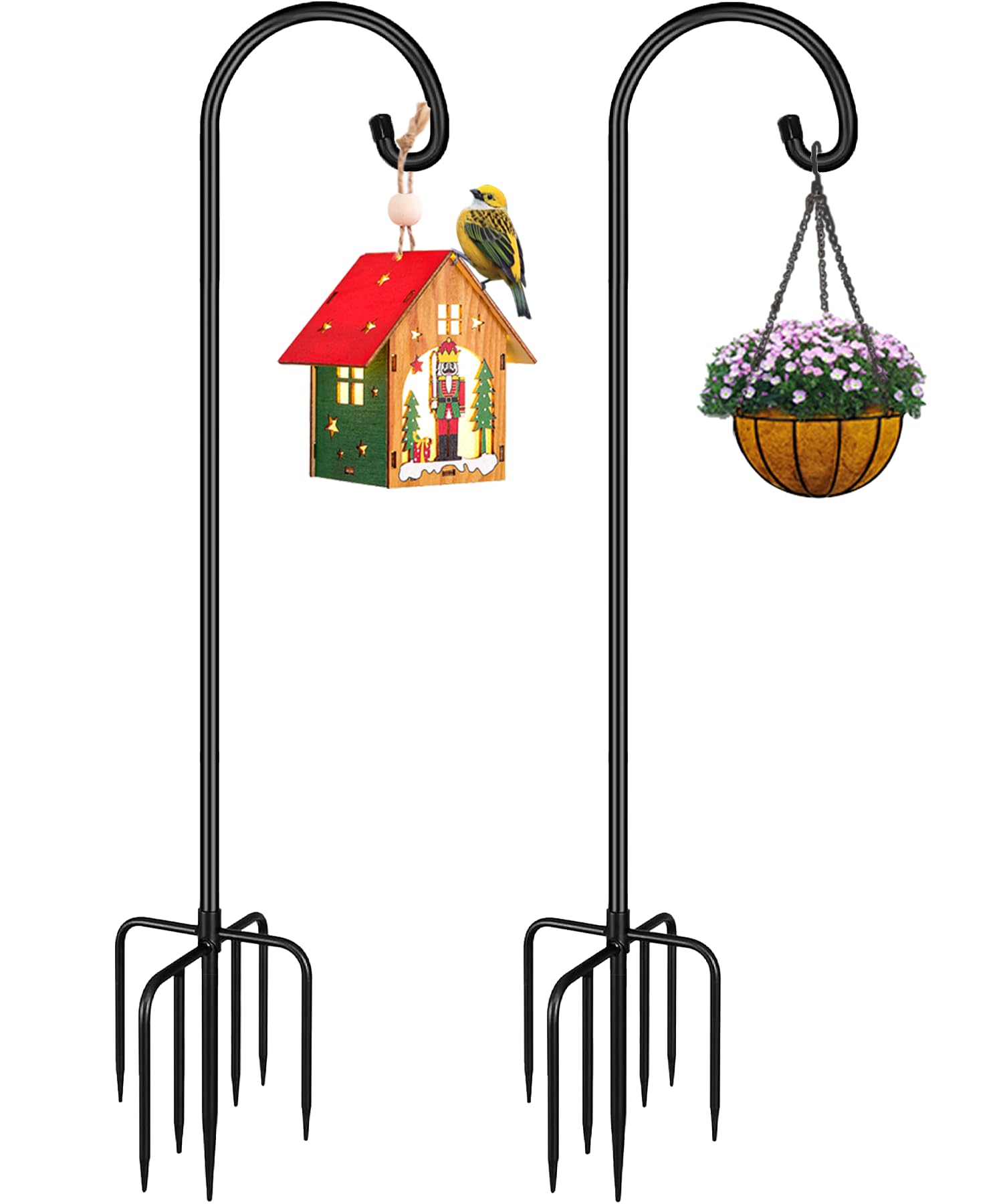 Derkniel shepherd hook 108-inch tall supports bird feeders and decor.