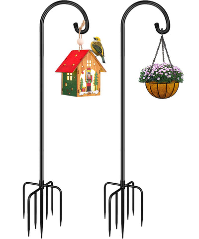 Derkniel shepherd hook 108-inch tall supports bird feeders and decor.