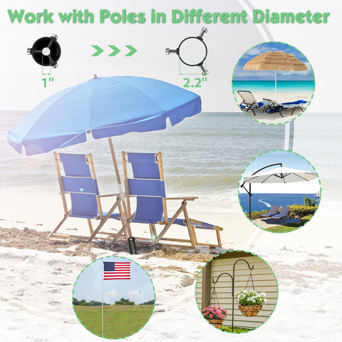 DEROFIT base secures umbrellas, torches, flag poles, and more in varied terrains.