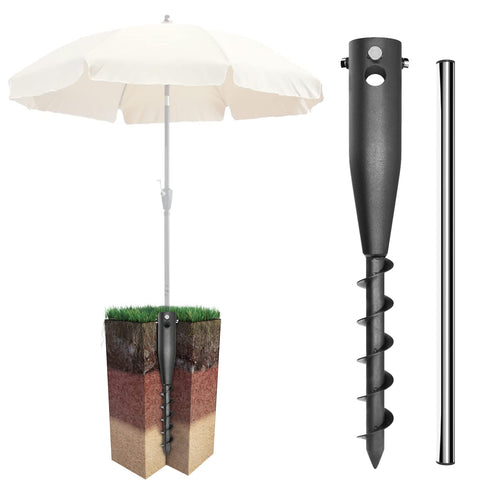 DEROFIT heavy duty umbrella base anchors firmly in grass for stable outdoor shading.