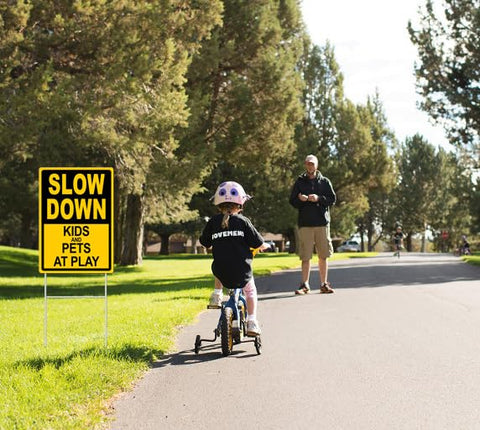 DEROLT slow down sign installed on driveway with clear visibility