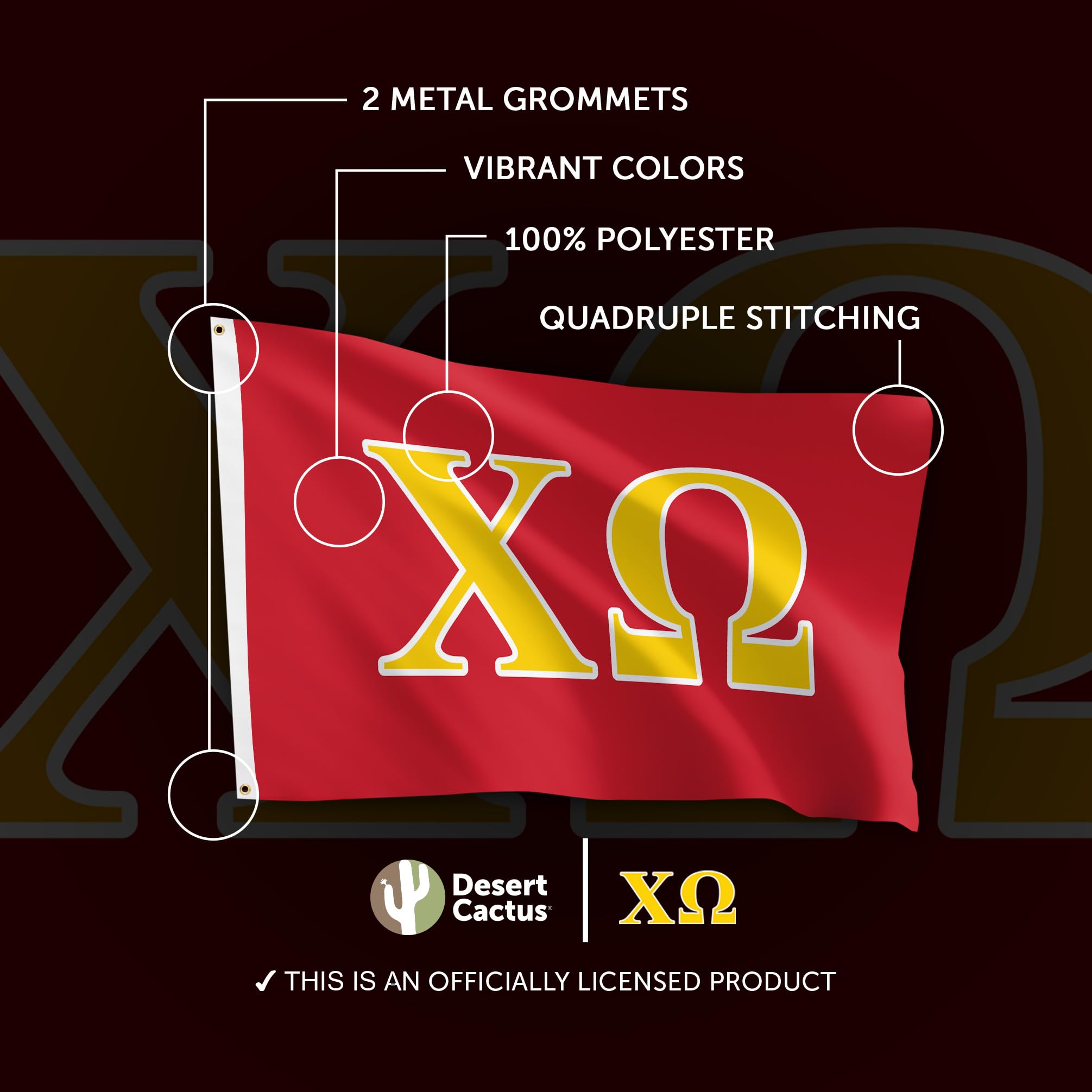 Desert Cactus Chi Omega flag quadruple-stitched ends for longevity