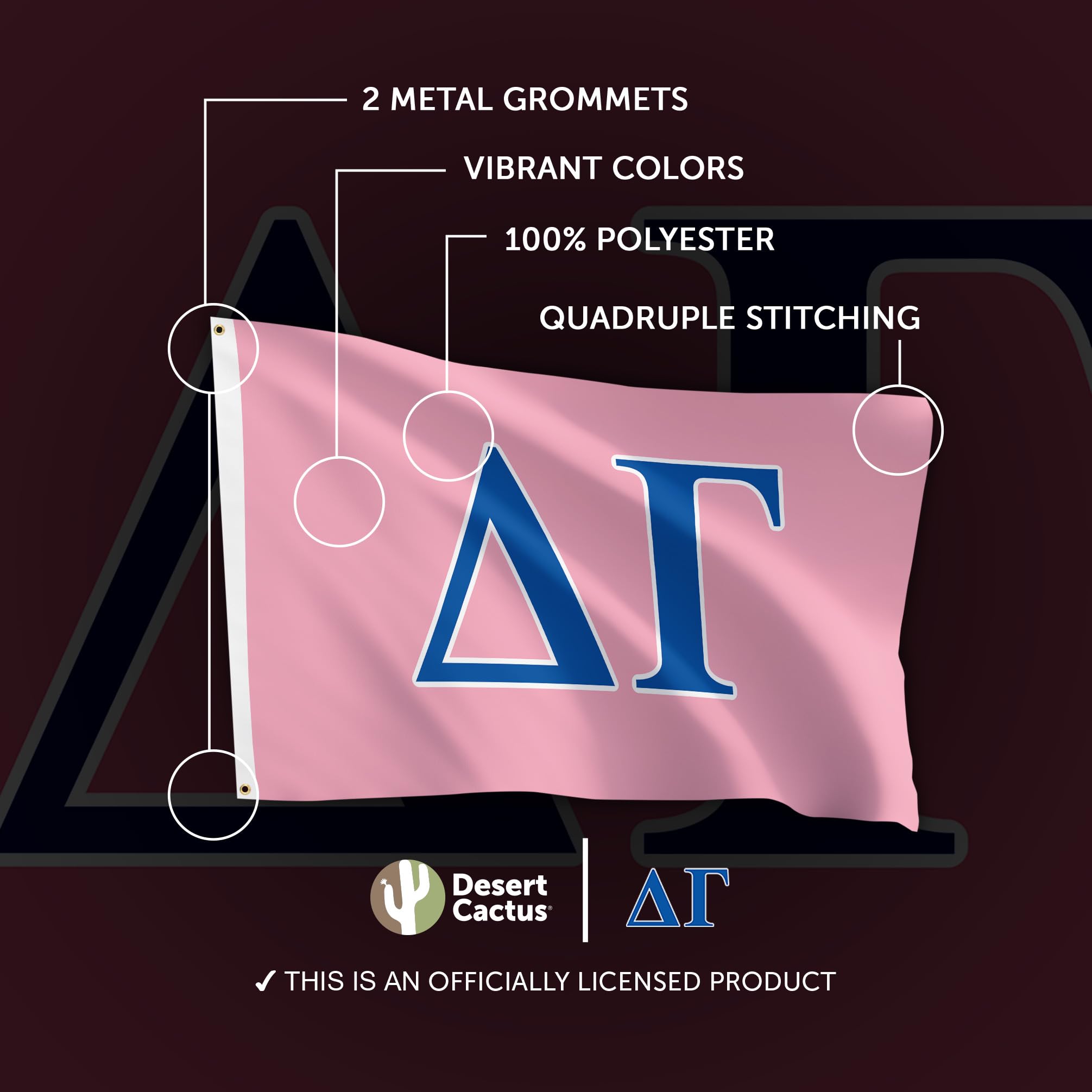 Desert Cactus Delta Gamma flag pink metal grommets support easy hanging.