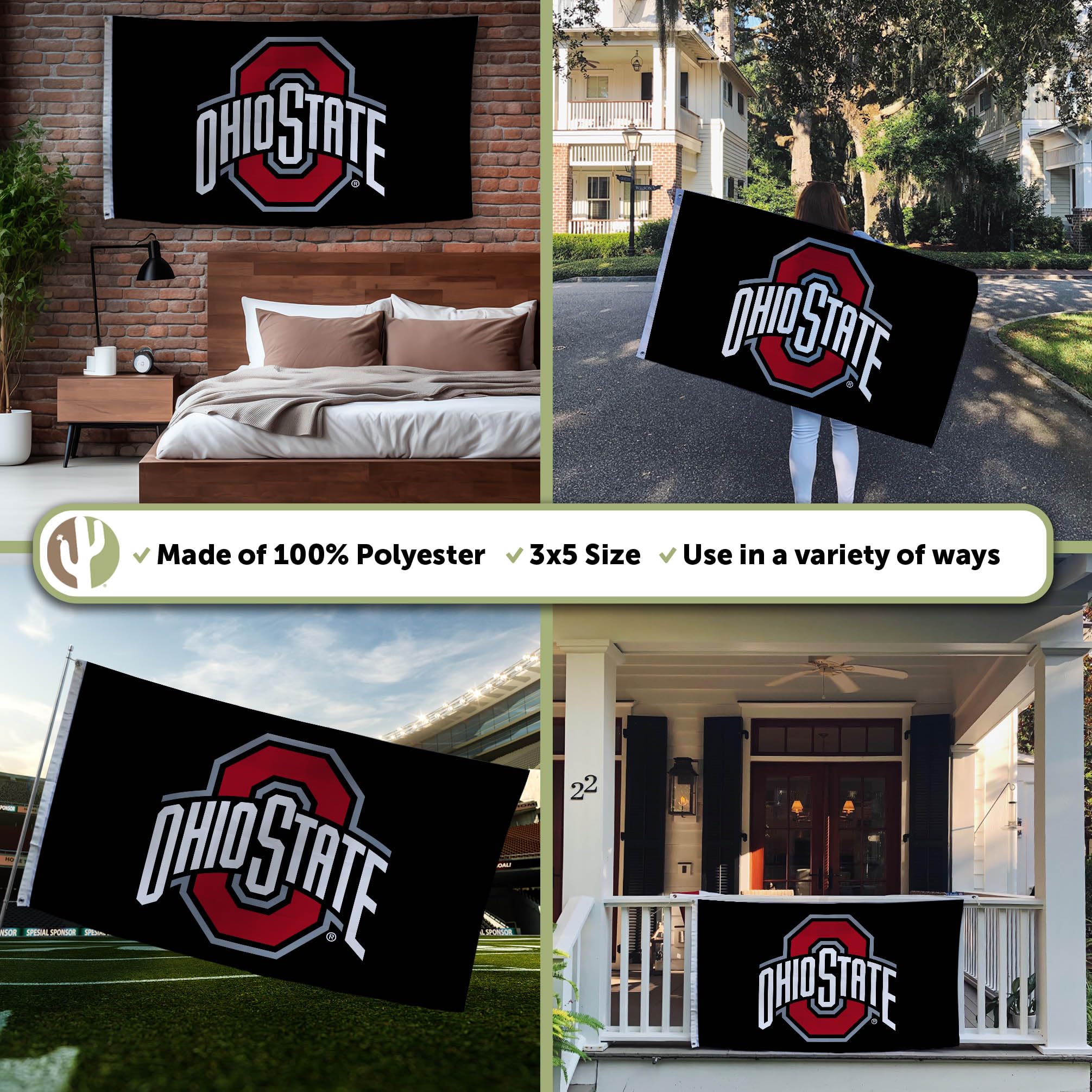 Desert Cactus OSU flag with grommets and reinforced header for secure hanging.