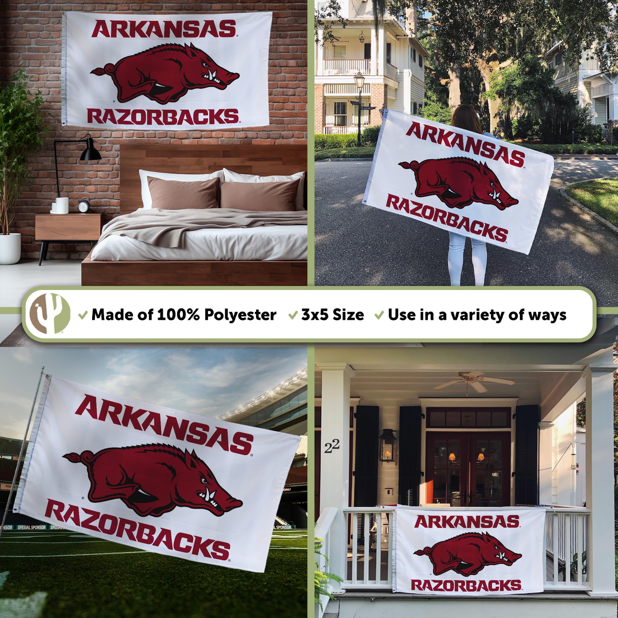 Desert Cactus single-sided flag showcases Razorbacks design for dorms and tailgates