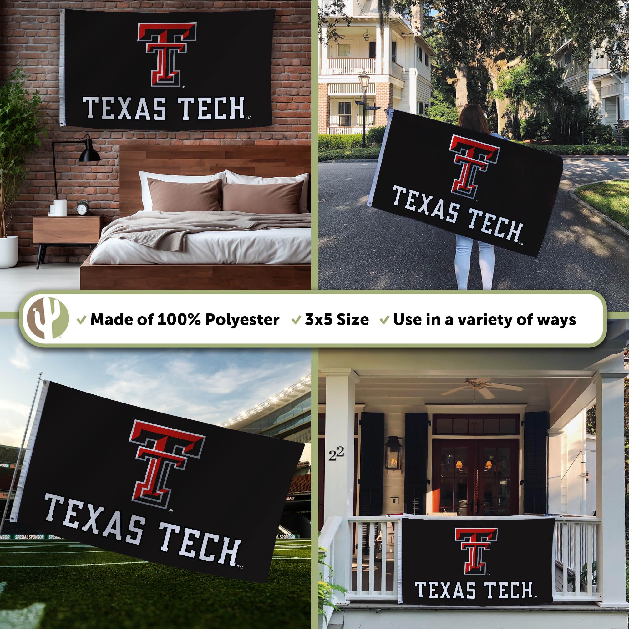 Desert Cactus TTU flag features quadruple-stitched ends for long-lasting outdoor wear