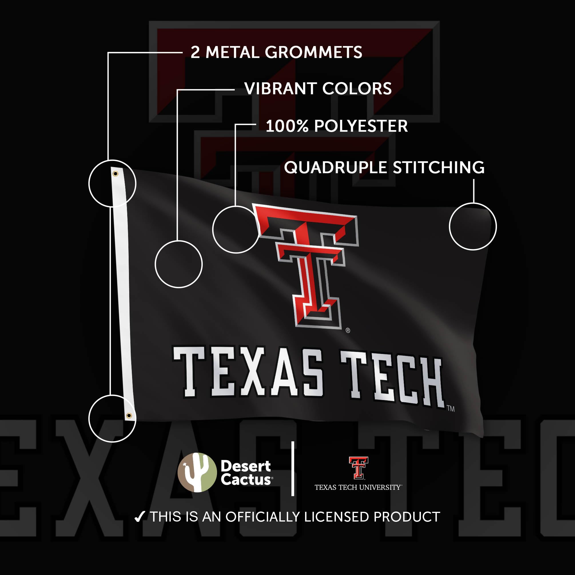 Desert Cactus TTU flag has reinforced canvas header for secure grommet mounting