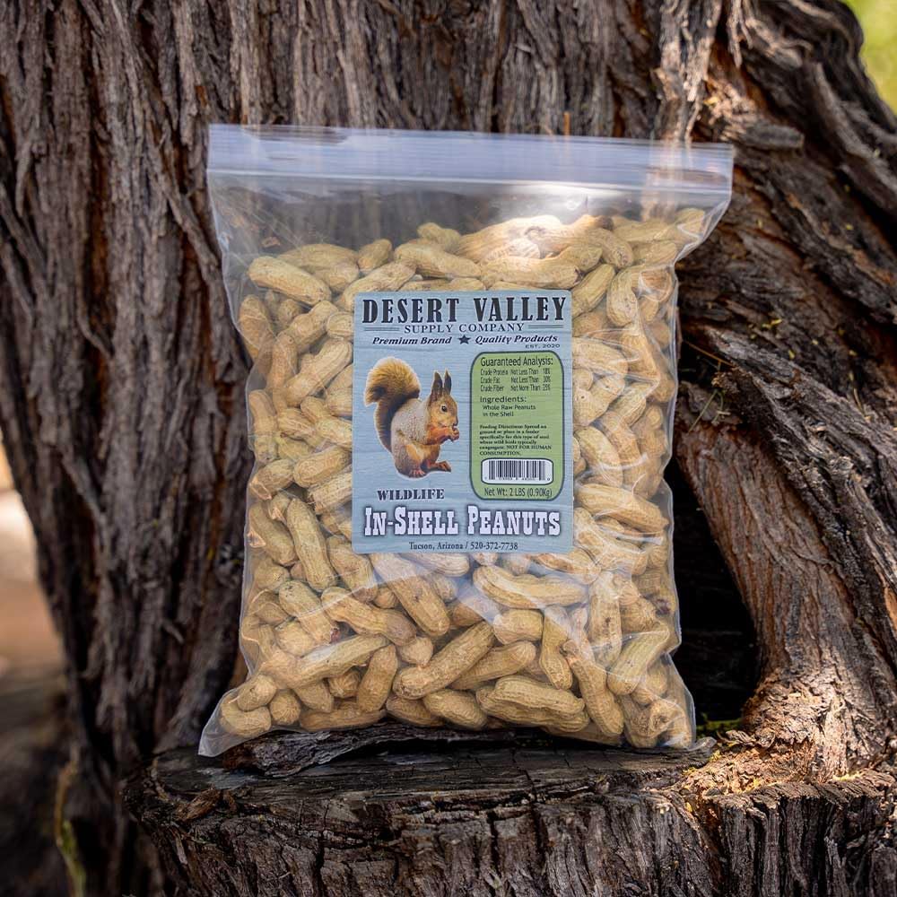 Desert Valley Supply wildlife feeding station with shell-on peanuts attract wildlife.